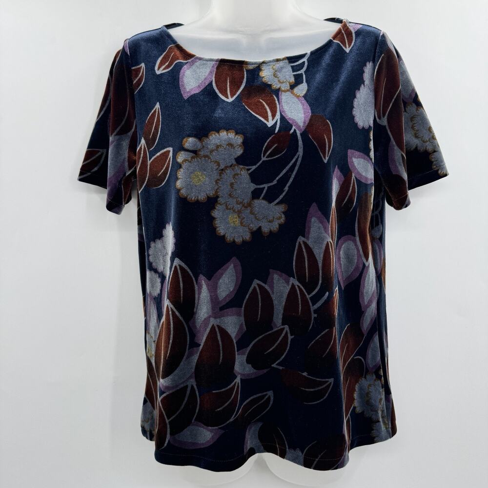 Ann Taylor Botanical Velvet Tee Top Sz S Dark Blue Teal Floral Quiet Luxury Fall